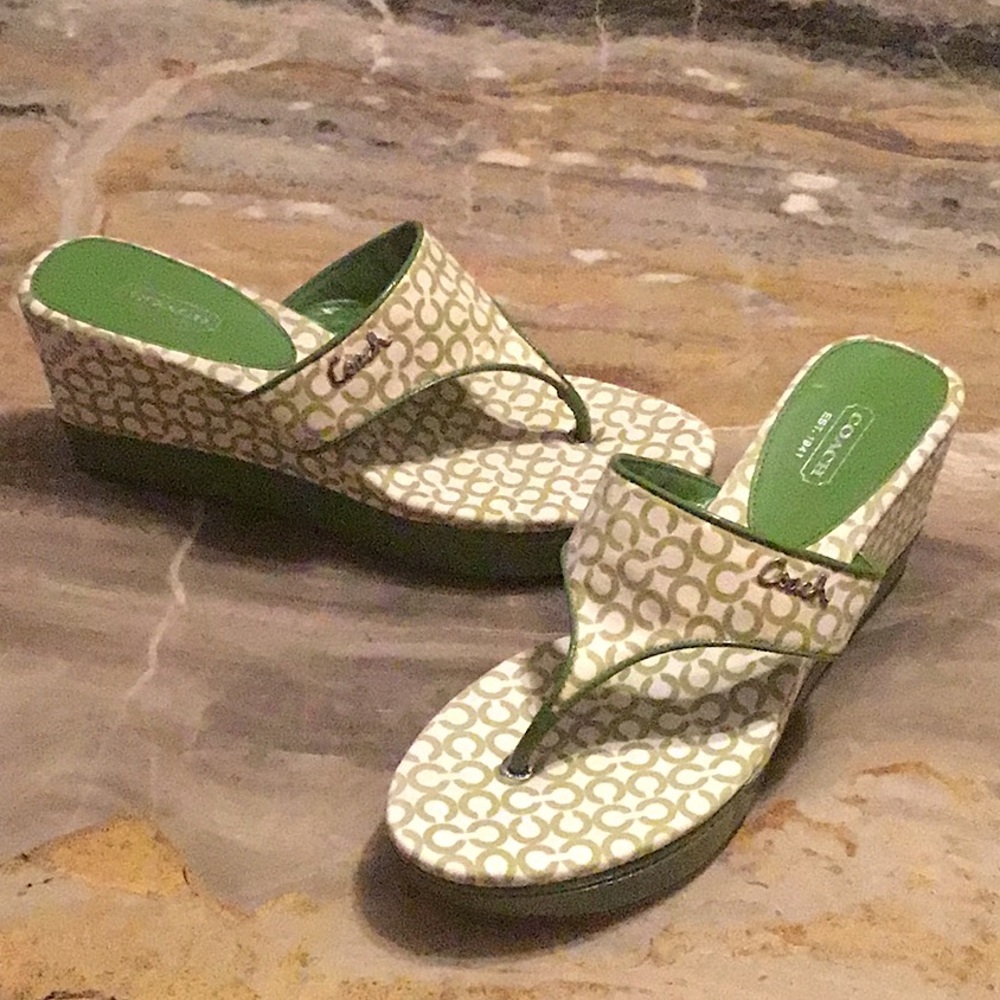 Coach Felecia Green Logo Wedge Sandals A8530
